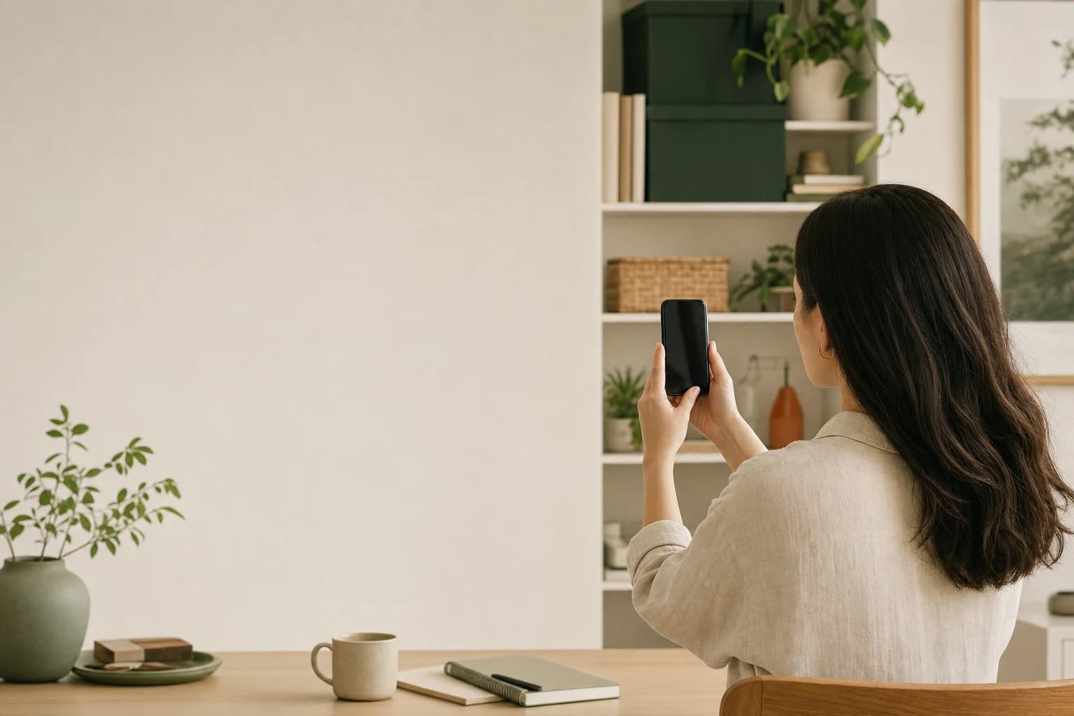 A person using a phone camera to scan a home workspace