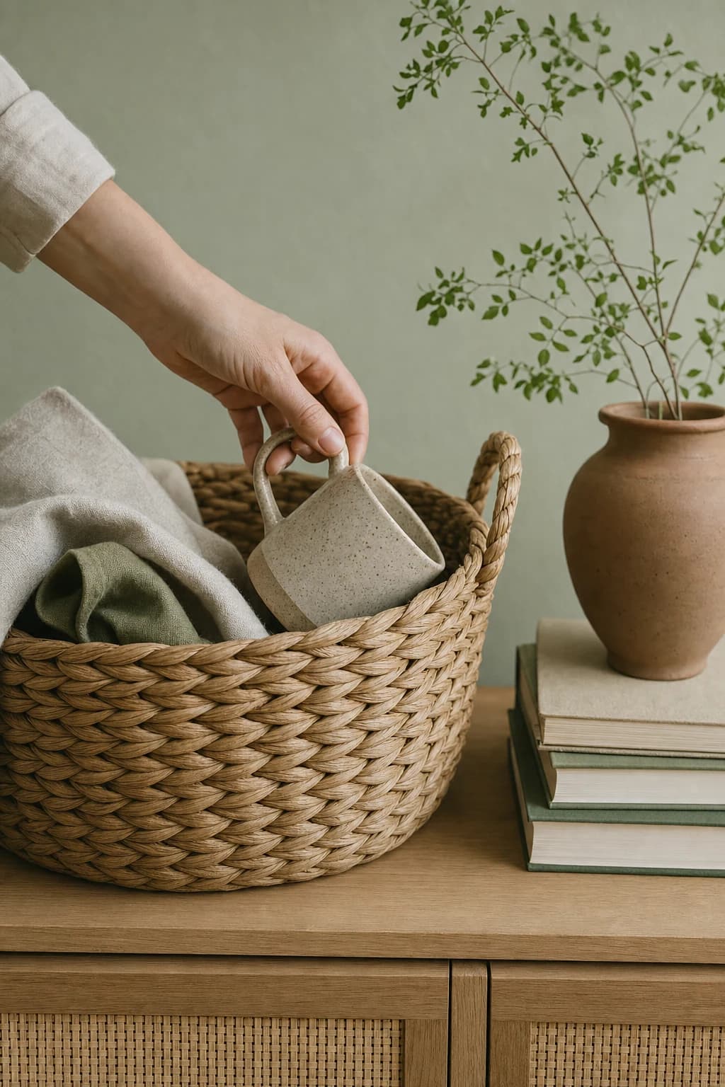 A hand placing a ceramic cup into a woven basket